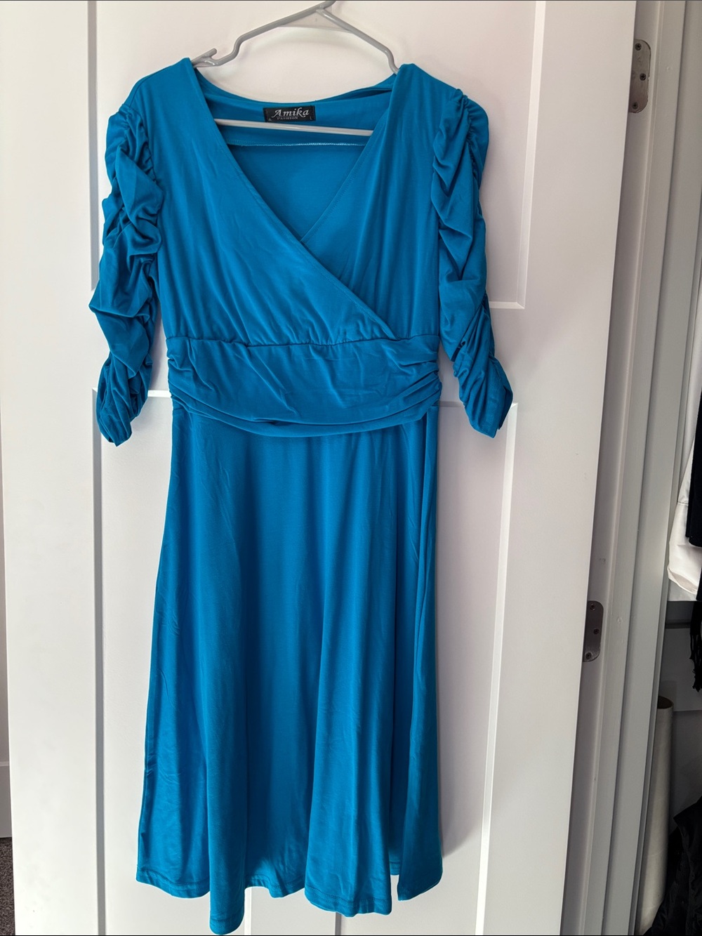 amika Turquoise Blue Ruched-Sleeve Wrap Midi Dress